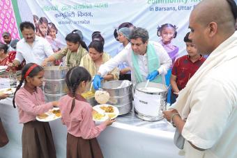Government school children being served mid-day meals at the Barsana kitchen in Uttar Pradesh